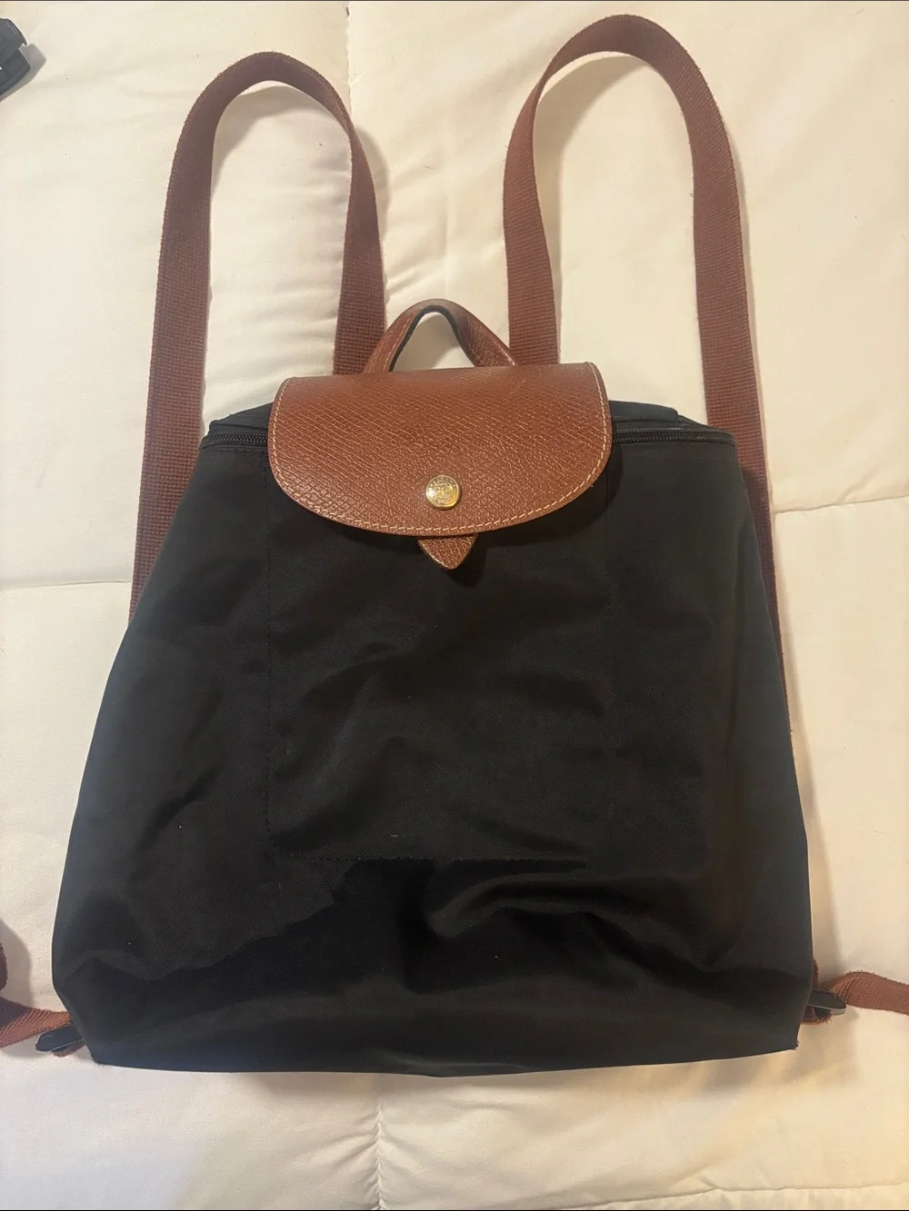 Longchamp Black Nylon Backpack with Brown Leather Flap and Straps - Picture 1 of 9